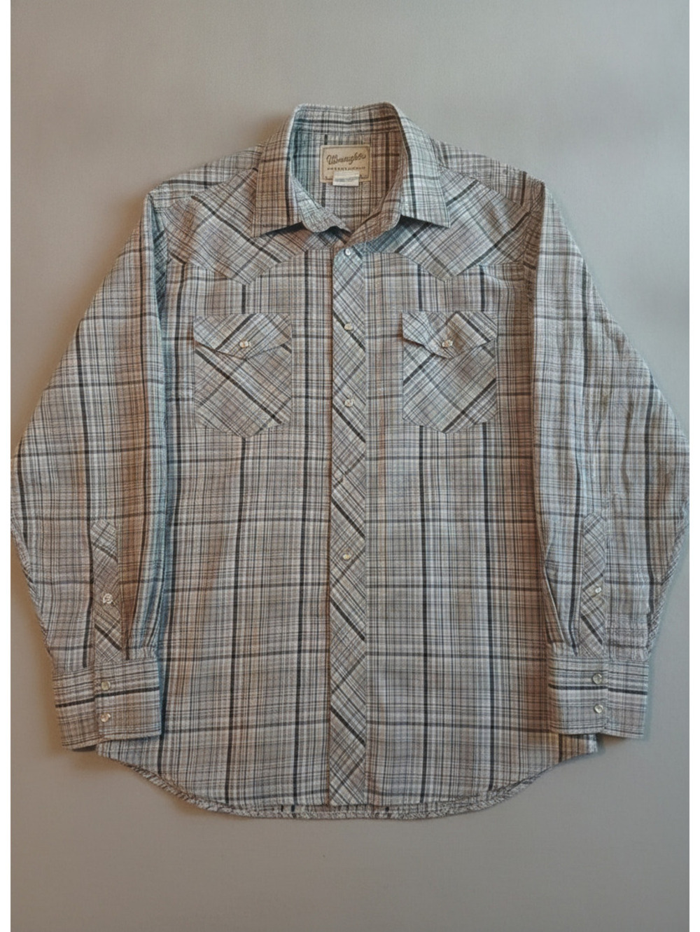 Vintage Wrangler Western Shirt Men's Large Gray Plaid Long Sleeve Pearl Snap